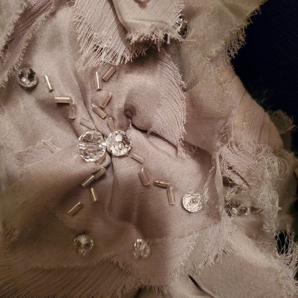 Designer evening dress (Tadashi Shoji) in Taupe , pleated with floral appliques - Picture 1 of 8